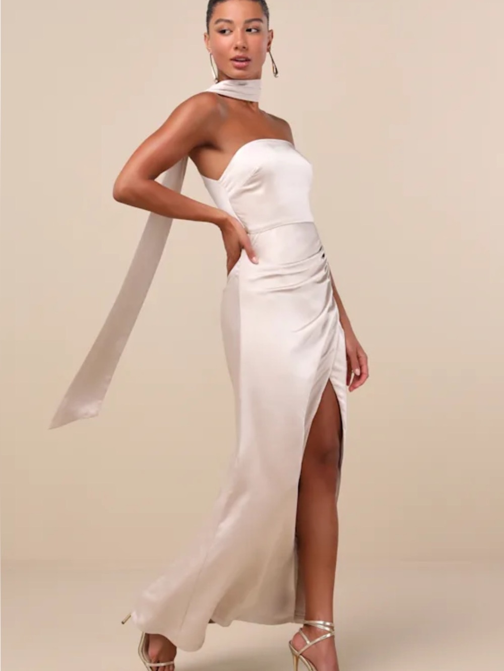 New Lulus Maritza Strapless Satin Sash Evening Gown in Ivory Sz Medium - Picture 4 of 9